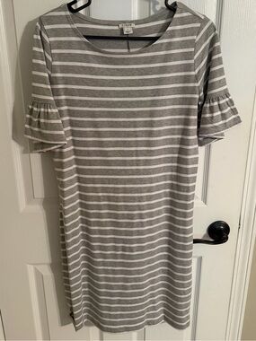 J. Crew Gray and White Striped Ruffle-Sleeve Midi Dress